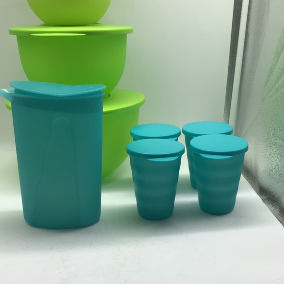 Tupperware Impressions Classic  Bowl  (4) & Jug (4) Tumbler Green & Blue Color - Picture 6 of 16